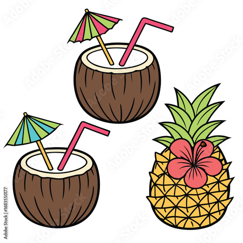 Vector art of tropical drinks with coconut and pineapple