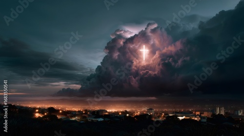 Radiant cross shining through dramatic storm clouds above a cityscape at dusk, embodying hope and faith while illuminating the darkness with a divine glow