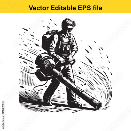 Man with backpack leaf blower working in garden, vector illustration