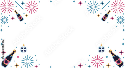 Festive celebration with champagne bottles and fireworks creating a celebratory border