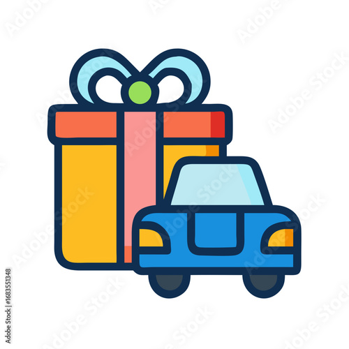 Cartoon car and gift illustration against a black backdrop