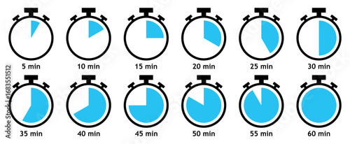 Set of stopwatch icons from 5 to 60 minutes. Timer, clock, stopwatch vector icon set from 5 to 60 minutes isolated on white background. Countdown timer vector illustration. Flat design.