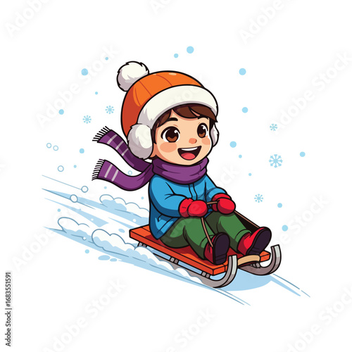 A child having fun in the winter snow while sledding