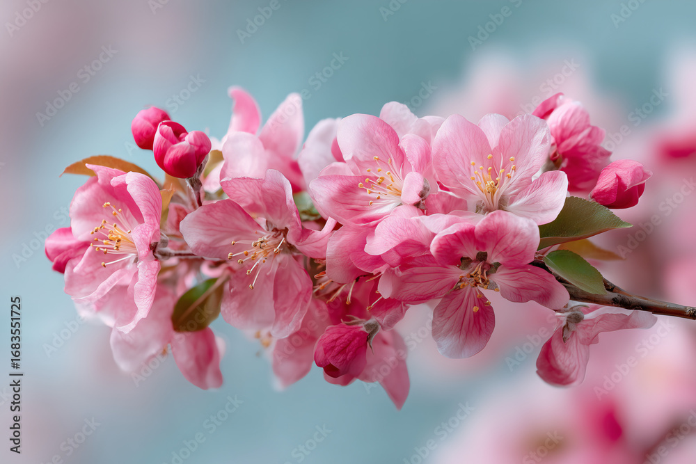 Obraz premium A close-up view of delicate pink flowers blooming on a branch, showcasing nature's beauty and floral elegance