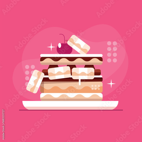 Sweet Dessert Illustration Layered Cake with Cherry Topping