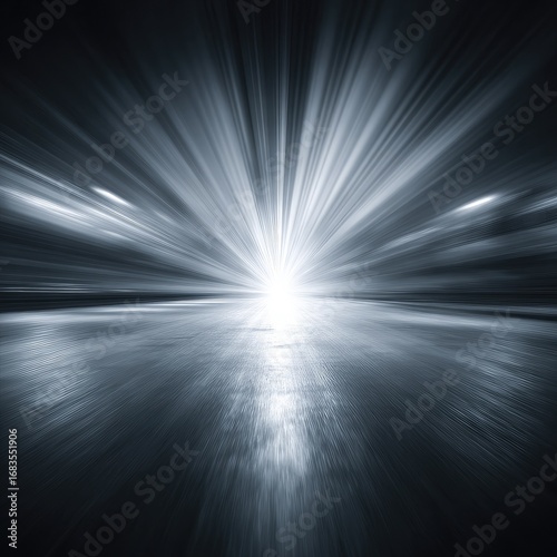 Dark tunnel, light rays burst from center, motion blur