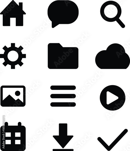 Vector black and white icons set for web design with symbols for business, communication, and the internet