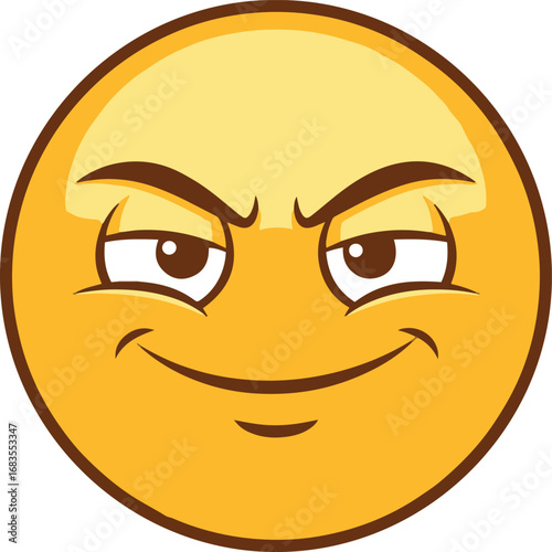  A pixel art illustration depicting a yellow smiley face emoji with narrowed eyes and a smirk, conveying a smug, suspicious, or mischievous expression.