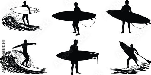 Black silhouette illustration of surfers riding waves with surfboards, ocean sport vector design, beach surfing clipart, water sports adventure and summer surf artwork set