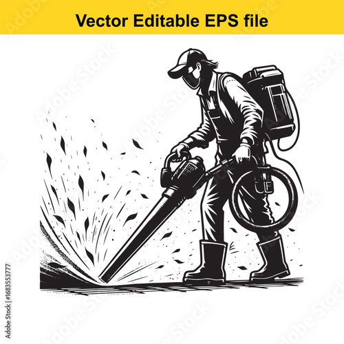 Man with leaf blower clearing debris isolated on white background