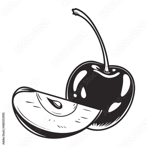 A black and white line art illustration of a whole cherry and an apple slice isolated on a solid white background