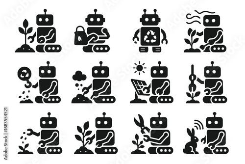 Eco planting robot trees compost spreading wildlife pruning analysis monitoring icon vector