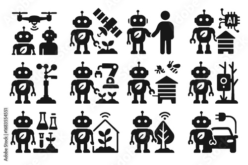 Eco robot camera weather vector icon beehive human greenhouse farmbot station vehicle