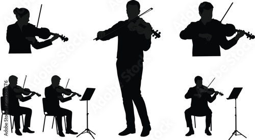 Black silhouette illustration of violin players performing music, orchestra musicians standing and sitting, classical string instruments, vector art for concert, symphony design