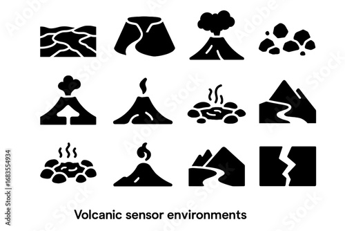 Vector river chamber sensor volcanic fault hot valley icon rocky icons field