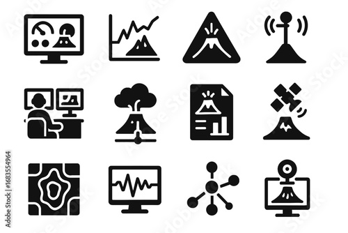 Volcanic icons satellite dashboard live sensor seismic graph icon cloud vector monitoring