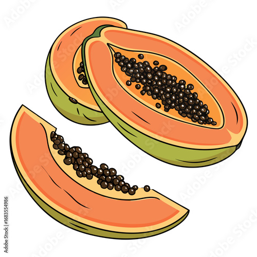 A detailed illustration of a ripe papaya fruit, halved and sliced to reveal its vibrant orange flesh and black seeds on a solid white background