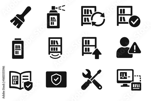 Diagnostic test warranty vector troubleshooting check toolkit oil icon bookshelf spray smart