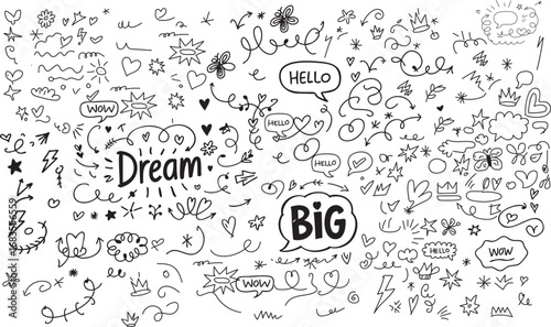 Whimsical hand-drawn doodles with inspiring words and playful elements on a white background.
