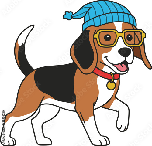 A vibrant pixel art illustration showcases a Beagle dog, depicted in a playful and stylish manner. 