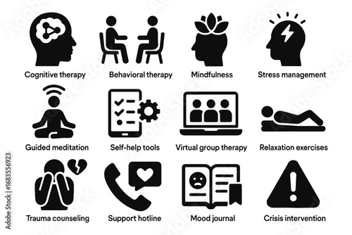 Therapy mood icon tools trauma intervention vector virtual meditation counseling behavioral icons