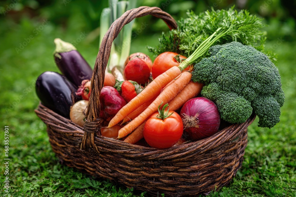Fototapeta premium Bountiful harvest of fresh organic vegetables in a wicker basket.