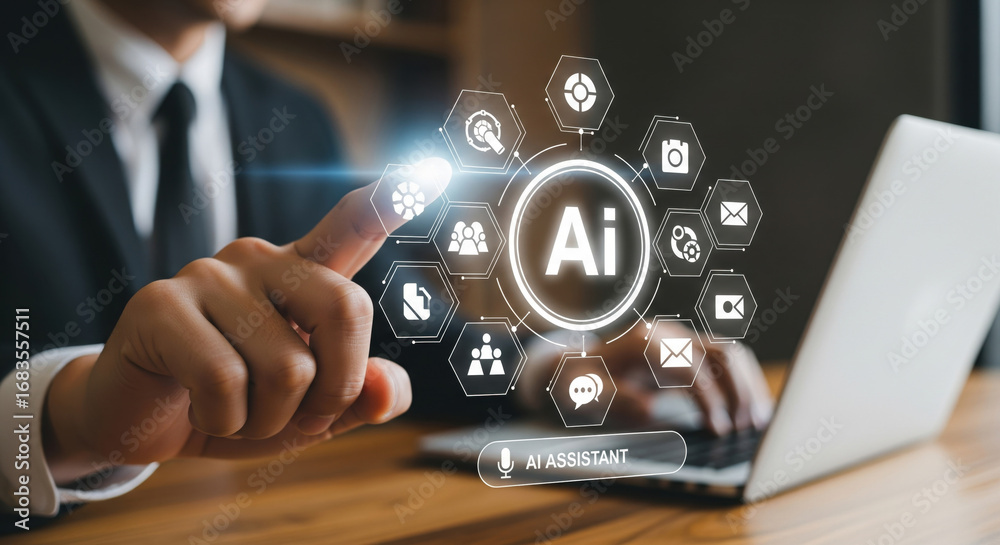 Naklejka premium An artificial intelligence technology innovation digital assistant business futuristic interface hand computer concept modern virtual communication data network smart internet creative solution