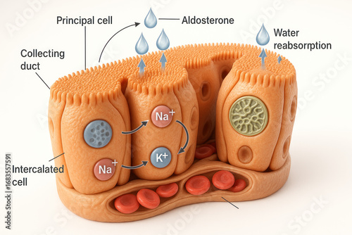 Kidney Collecting Duct Illustration Showing Aldosterone, Sodium Potassium Pump, Water Reabsorption [Illustration]