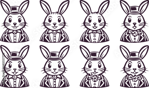 Set of eight adorable cartoon bunnies wearing formal attire including top hats and bow ties