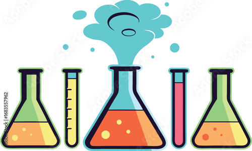 Cartoon illustration of colorful science flasks and test tubes with bubbling liquid and blue vapor in a laboratory setting