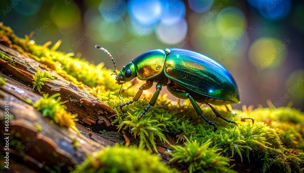 Naklejka premium Shiny Beetle Crawling on Mossy Log in Forest
