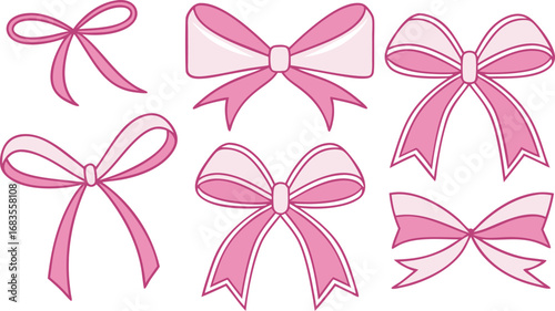 Collection of six delicate pink ribbon bows in various styles and sizes for decoration and design
