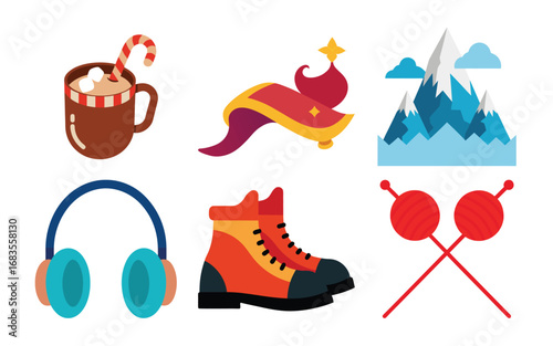 Vector art of collection of winterthemed icons including a mug of hot chocolate, a festive christmas tree, snowcapped mountains, headphones, hiking boots, and knitting needles isolated on a