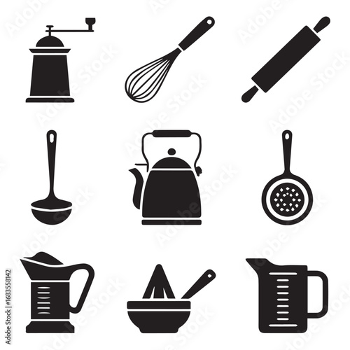 Assortment of kitchenware and cooking implements in black silhouette, isolated on white background technology background