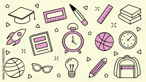 Collection of colorful hand drawn school supplies and educational icons on a light background representing learning and knowledge