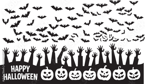 Spooky Halloween scene with rising zombie hands, carved pumpkins, and a swarm of bats against a white background.