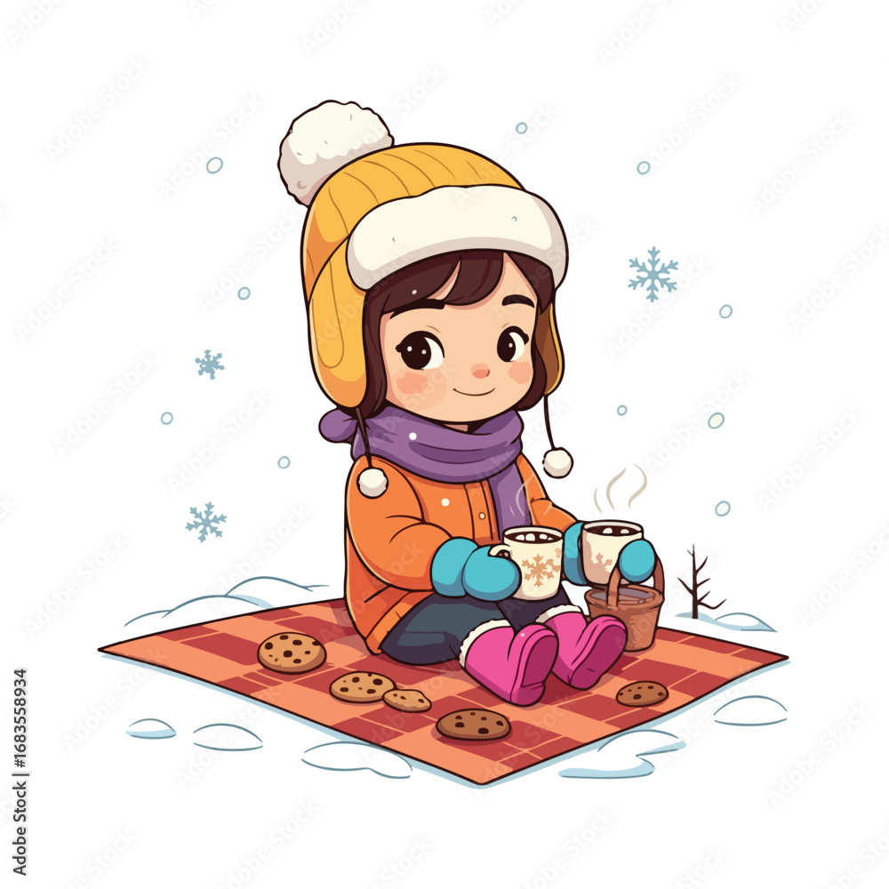 Fototapeta premium An illustrated cartoon of a little girl having fun in the snow during winter