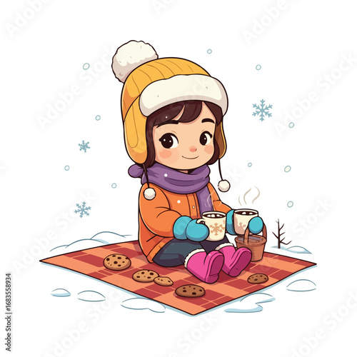 An illustrated cartoon of a little girl having fun in the snow during winter
