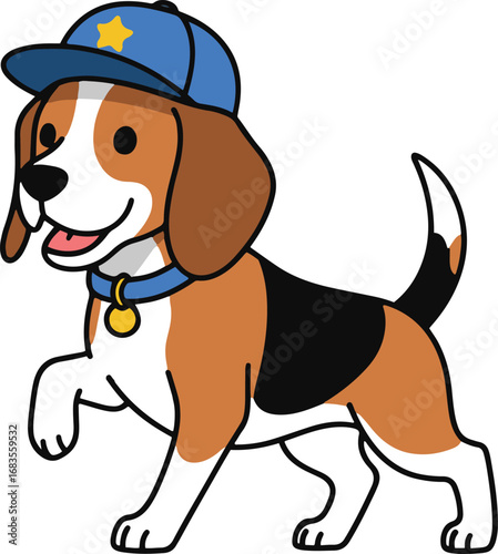A charming cartoon illustration of a Beagle puppy wearing a police officer's cap. 