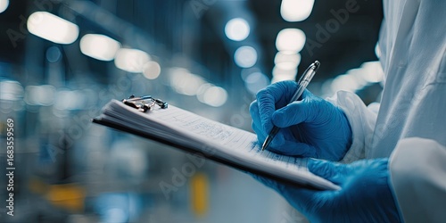 Quality control inspector in blue gloves writing on a clipboard in a factory.
