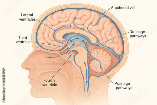 Cerebrospinal Fluid Flow Illustration: Brain Ventricles & Drainage Pathways, Medical Illustration [Illustration]