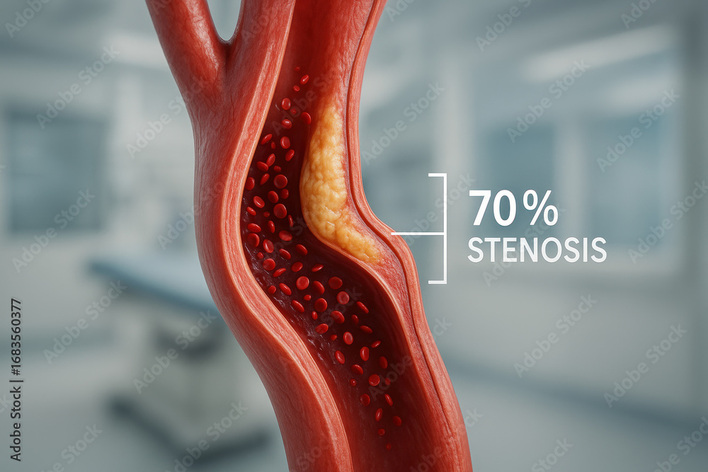 Fototapeta premium 70% Artery Stenosis Illustration Showing Plaque Buildup and Red Blood Cells [Illustration]