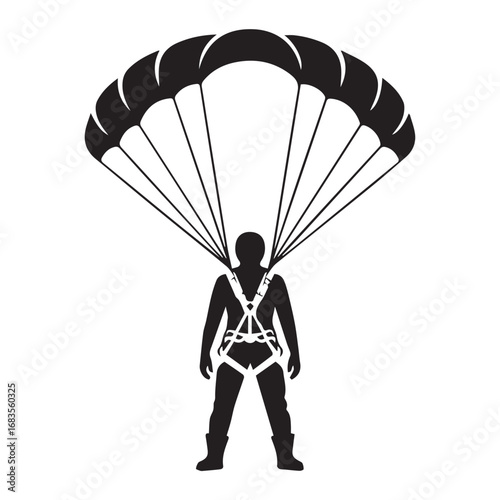 Black silhouette of a skydiver with a parachute, isolated on white background technology background