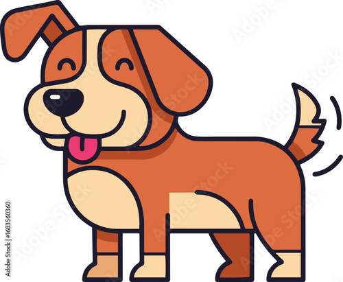  A charming illustration of a happy dog, rendered in a pixel art style. The dog is depicted in shades of brown and beige, with a playful expression and wagging tail. 