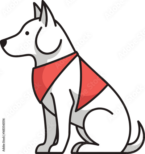 A charming illustration of a white dog, rendered in a pixel art style, sits patiently wearing a vibrant red bandana. 