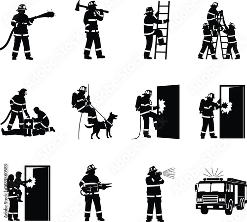 Firefighter Silhouette Vector Set, Emergency Rescue, Firefighting Action, Fire Truck, Safety Equipment, Ladder, Hose, Axe, Dog, Medical Help