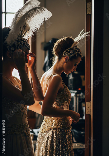 Dancers getting ready backstage with sparkling dresses