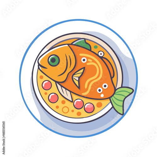 Stylized golden fish dish cartoon on a plate