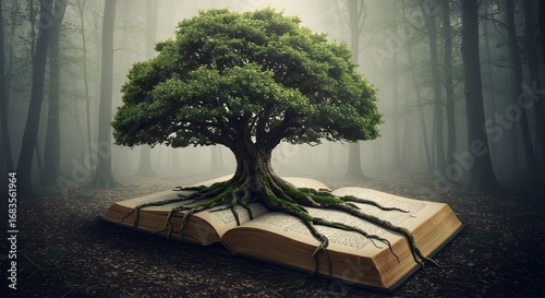 An ancient tree grows from the pages of an open book, a powerful metaphor for a foundational story, the source of knowledge, and life emerging from a legacy