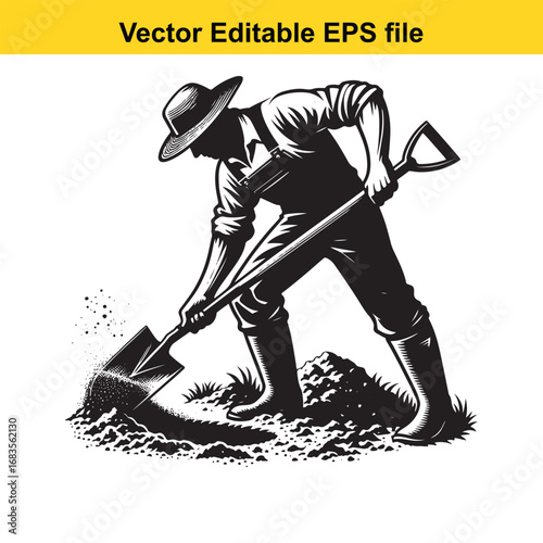 Farmer digging soil with shovel, vector illustration